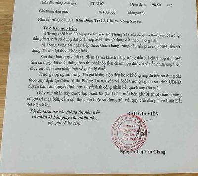 Bán 98.5m2 đất đấu giá làng nghề Bảo Lộc - Võng Xuyên - Phúc Thọ - Hà