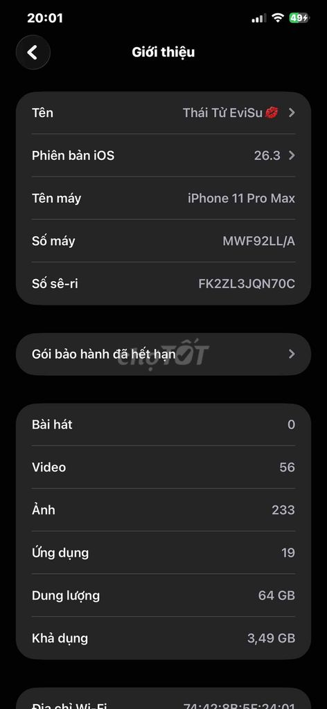 Apple iPhone 11 Pro Max 64GB Đen. Mua bán Điện thoại tại Thị xã Tân Uyên Bình Dương được đăng bởi Tên chưa cung cấp hình 1