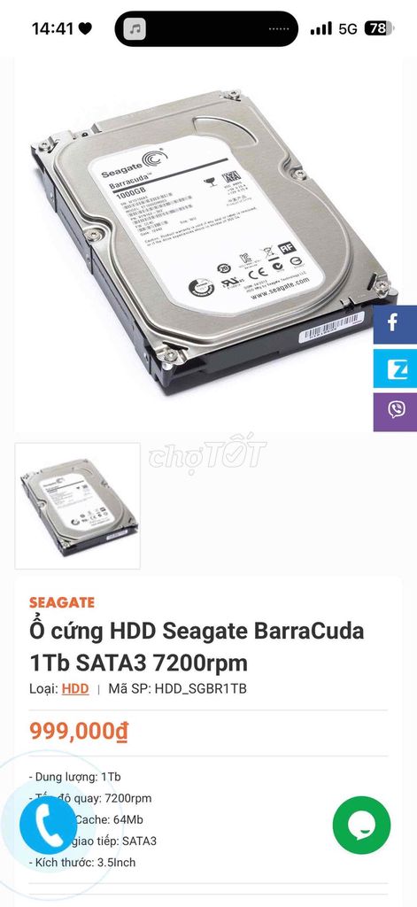 Ổ cứng HDD Seagate Barracuda 1TB 7200rpm SATA3. Mua bán Linh kiện (RAM, Card...) tại Quận 11 Tp Hồ Chí Minh được đăng bởi Sunny Ngoc hình 1