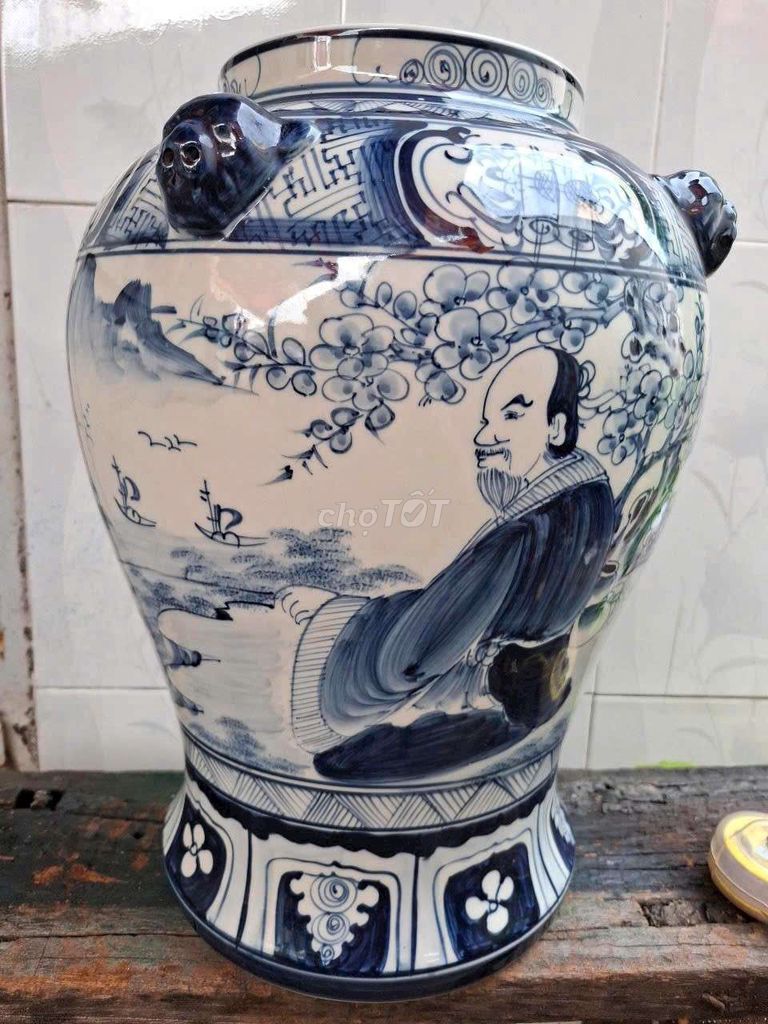 Ché cổ Gốm sứ Xanh trắng 45cm sửa miệng