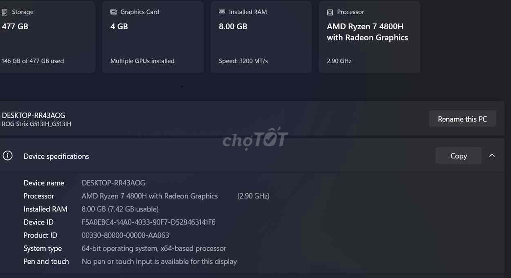 ASUS ROG Strix G513IH Ryzen 7 4800H 8GB/477GB Đen. Mua bán Laptop tại Huyện Tiên Du Bắc Ninh được đăng bởi Tên chưa cung cấp hình 1