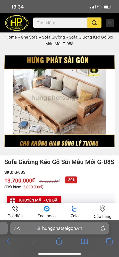 sofa giường, gỗ sồi, 2.25mx0.8m, giường 1.95mx1.4m