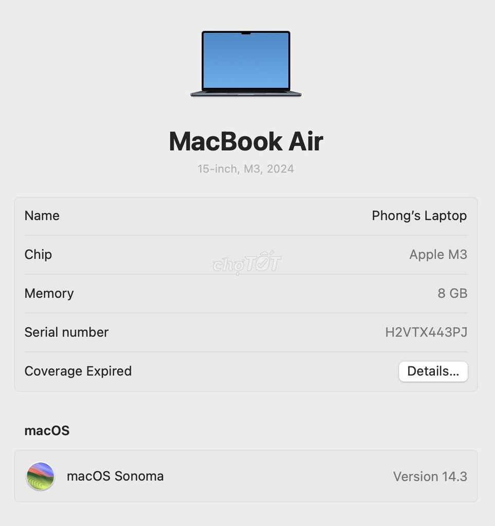 Apple MacBook Air M3 15 inch 8GB 2024. Mua bán Laptop tại Thành phố Thủ Đức Tp Hồ Chí Minh được đăng bởi Thien Thuong Hoa hình 1