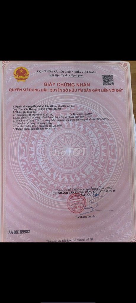 dat thổ cư 110m². củ Chi, đường nhựa lớn 2.5ty congtest