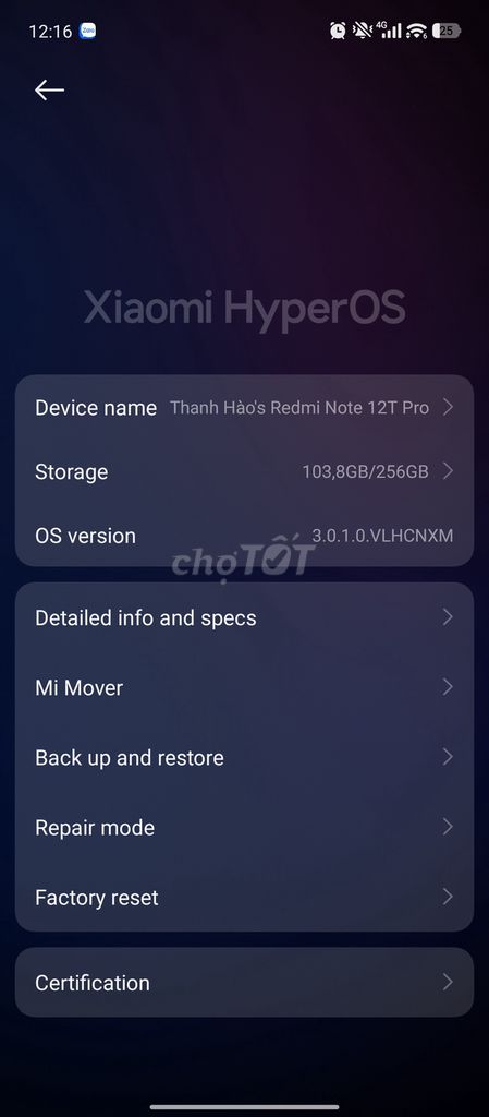 Xiaomi Redmi Note 12T Pro 256GB 95%. Mua bán Điện thoại tại Thành phố Vĩnh Long Vĩnh Long được đăng bởi Nôbi Ta hình 1