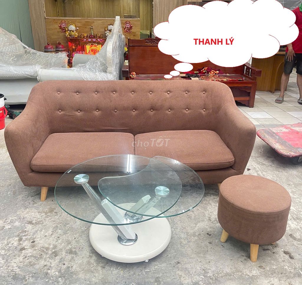 Bộ Ghế sofa nệm bọc vải kèm bàn sofa kính đôi