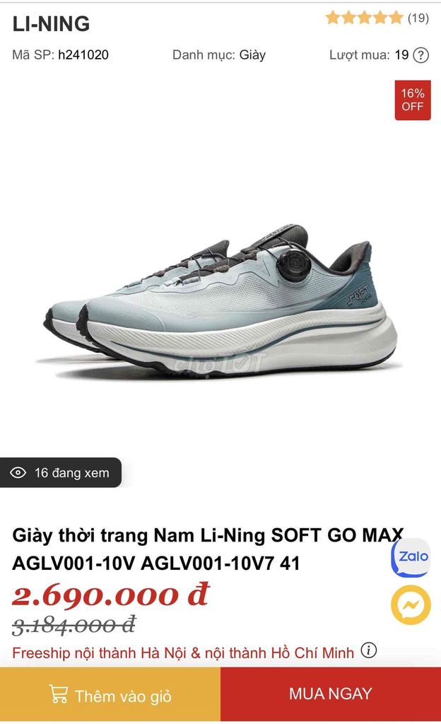 Giày Li-Ning SOFT GO MAX AGLV001-10V Nam 40.5. Mua bán Giày dép tại Thành phố Thủ Đức Tp Hồ Chí Minh được đăng bởi Liu Fu hình 1
