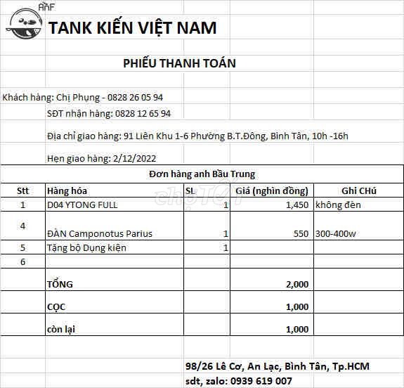 Thanh lý tank + kiến