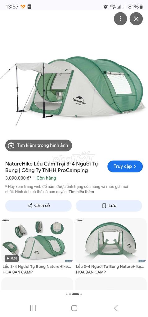 Lều cắm trại Naturehike Mới. Mua bán Đồ thể thao, Dã ngoại tại Huyện Cam Lâm Khánh Hòa được đăng bởi Minh An hình 1