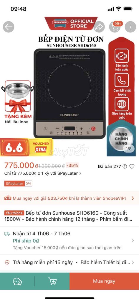Bếp từ đơn Sunhouse SHD6160. Mua bán Bếp, lò, đồ điện nhà bếp tại Quận 12 Tp Hồ Chí Minh được đăng bởi Lethi Baotran hình 1