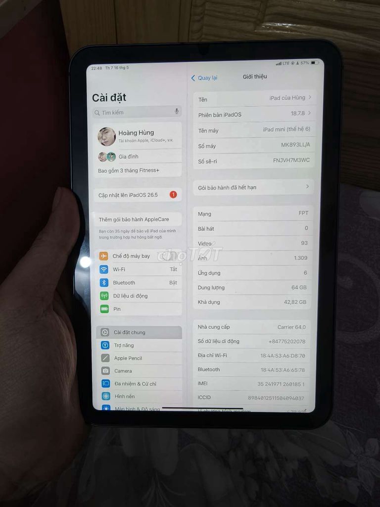 Apple iPad mini 6 5G 64GB. Mua bán Máy tính bảng tại Thành phố Dĩ An Bình Dương được đăng bởi Hoàng Hùng hình 1