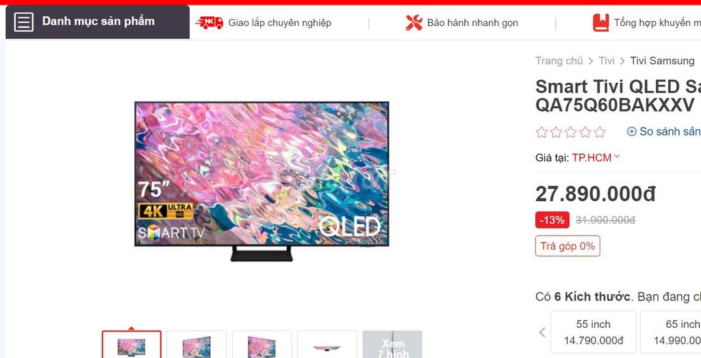 Smart TV QLED Samsung 4K 75 inch QA75Q60B bh 2 năm