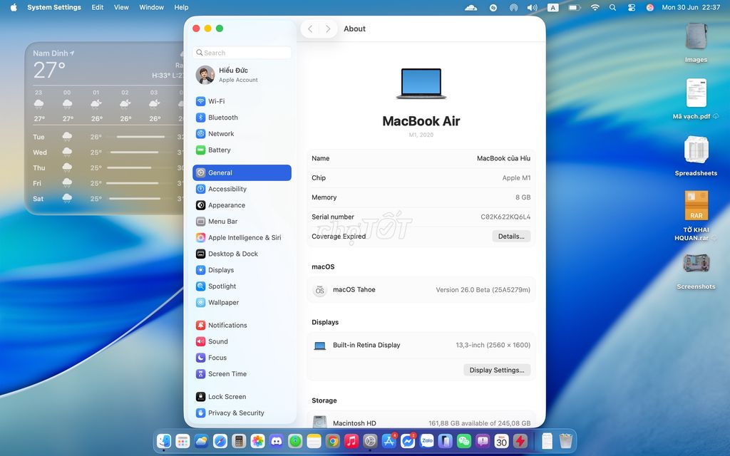 Macbook Air M1 8GB/256GB Space Grey đã qua sử dụng