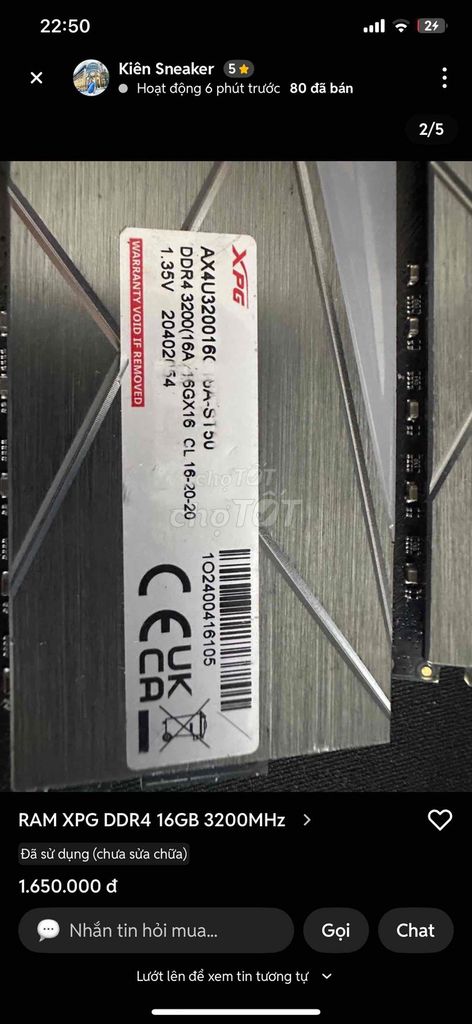 RAM XPG DDR4 16GB 3200MHz Đã sử dụng. Mua bán Linh kiện (RAM, Card...) tại Thành phố Thủ Đức Tp Hồ Chí Minh được đăng bởi Hồ Quốc Cường hình 1