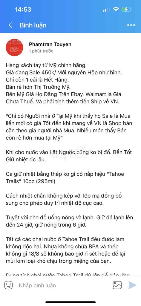 Bình Ly Giữ Nhiệt xách tay Mỹ.