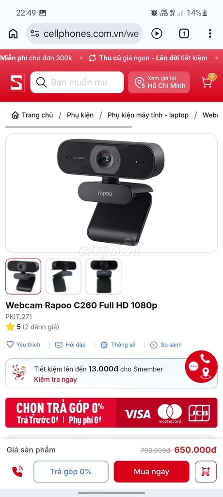 Webcam Rapoo C260 Đen Full HD. Mua bán Phụ kiện (Màn hình, Chuột...) tại Thành phố Thủ Dầu Một Bình Dương được đăng bởi Lê Đại Lượng hình 1