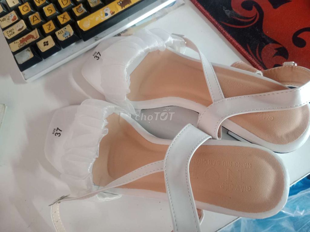 Giày cao gót 5 phân quai nhún bèo Trắng nữ size 37