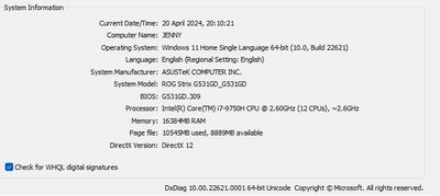 Asus Rog Strix G531GD, Ram 16GB, Core i7-9750H CPU