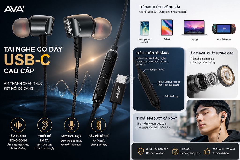 Tai nghe AVA+ USB-C Đen. Mua bán Tivi, Âm thanh tại Thị xã Bến Cát Bình Dương được đăng bởi Thành Long Phát hình 1