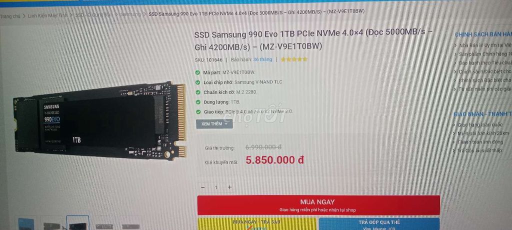 Ổ cứng SSD Samsung 990 Evo 1TB Đã sử dụng. Mua bán Linh kiện (RAM, Card...) tại Quận Thanh Khê Đà Nẵng được đăng bởi văn duy hình 1