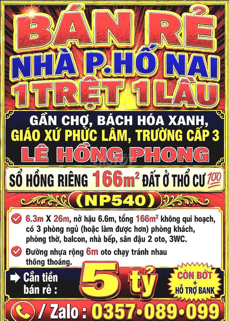 166m2 BÁN RẺ NHÀ HỐ NAI, 1TRỆT 1LẦU, GẦN GIÁO XỨ PHÚC LÂM SỔ THỔ CƯ 💯