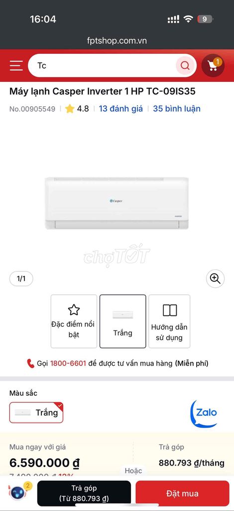 Máy lạnh Casper Inverter 1 HP TC-09IS35 new