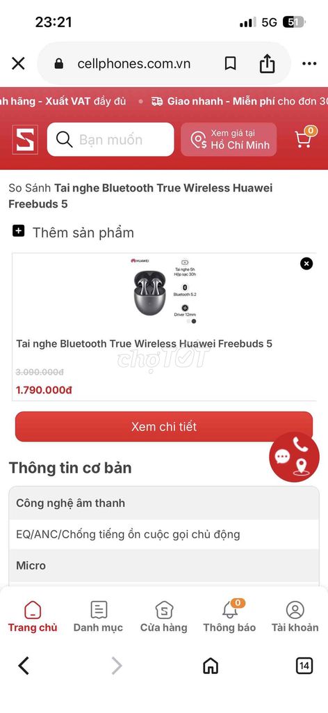Tai nghe Bluetooth Huawei Freebuds 5 Xám. Mua bán Tivi, Âm thanh tại Thị xã Kiến Tường Long An được đăng bởi Thanh Thảo hình 1