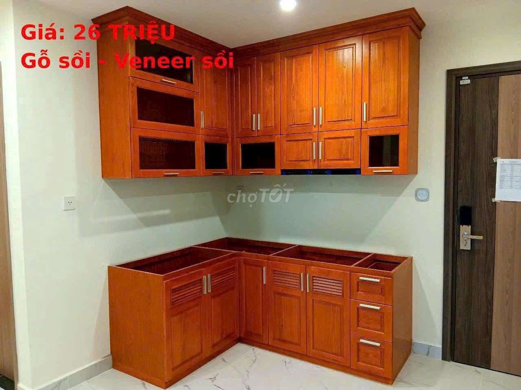 Tủ bếp Gỗ sồi veneer sồi Chữ L Nâu gỗ. Mua bán Tủ, kệ gia đình tại Quận 12 Tp Hồ Chí Minh được đăng bởi ĐỒ GỖ MỸ NGHỆ LÂM PHÁT hình 1