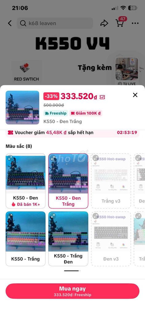 Bàn phím cơ Leaven K550 V4 Đen Trắng. Mua bán Phụ kiện (Màn hình, Chuột...) tại Thành phố Vinh Nghệ An được đăng bởi bình trần hình 1