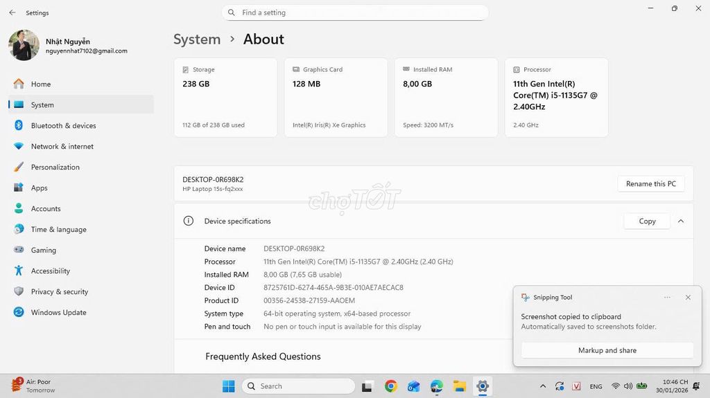 HP 15s-fq2602TU i5-1135G7 15.6 inch 8GB/256GB. Mua bán Laptop tại Quận 4 Tp Hồ Chí Minh được đăng bởi 20 Nhật Nguyễn hình 1