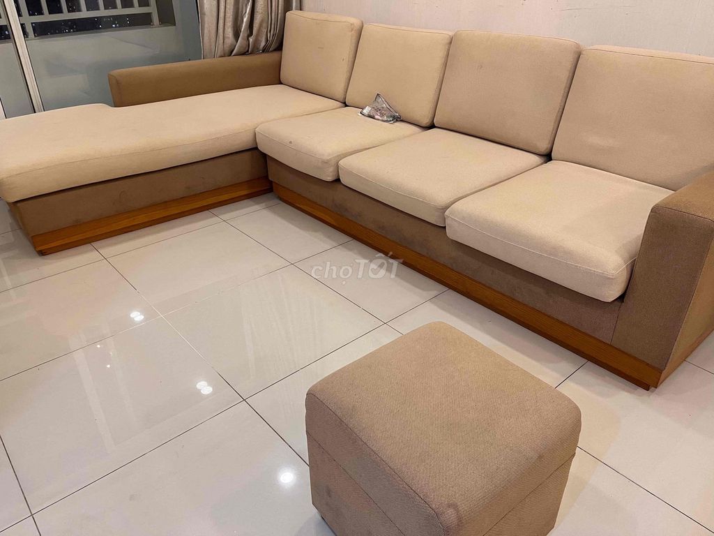 Thanh lý bộ sofa L vải gỗ xoan