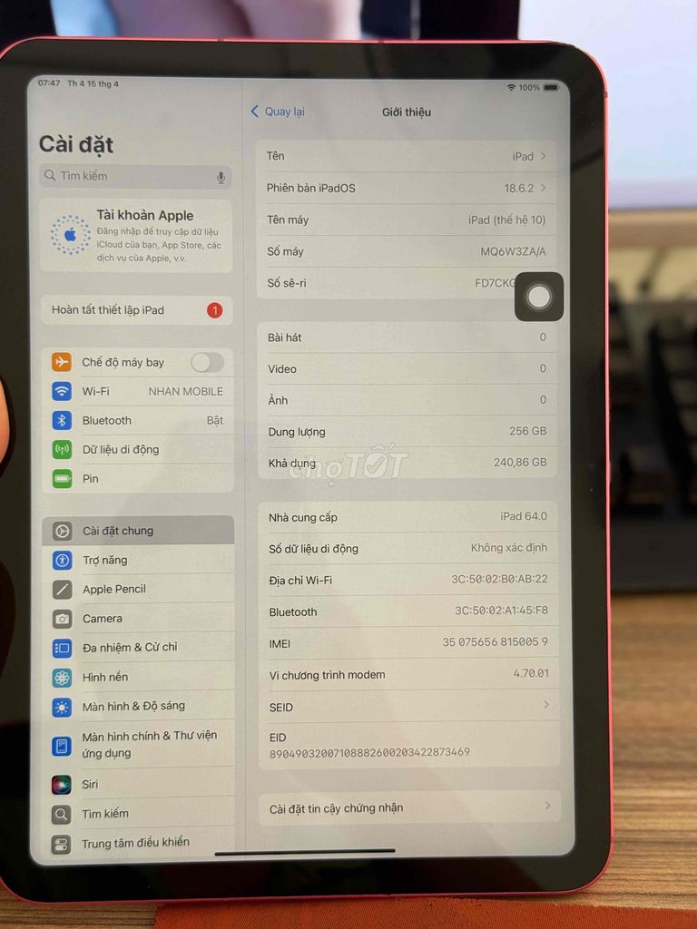 Apple iPad Gen 10 256GB Hồng bản wifi + 5G. Mua bán Máy tính bảng tại Thành phố Thuận An Bình Dương được đăng bởi trọng nhân hình 1