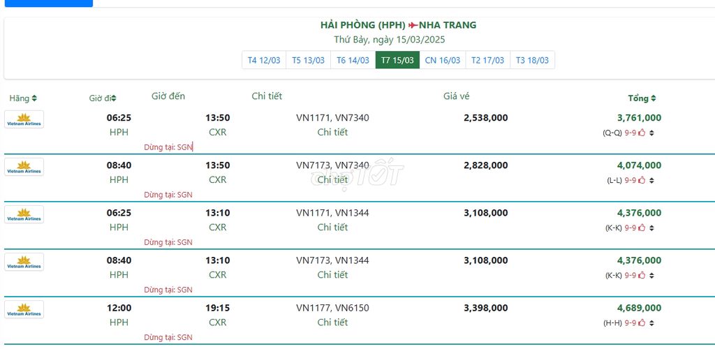 HẢI PHÒNG - NHA TRANG Thứ Bảy, ngày 15/03/2025