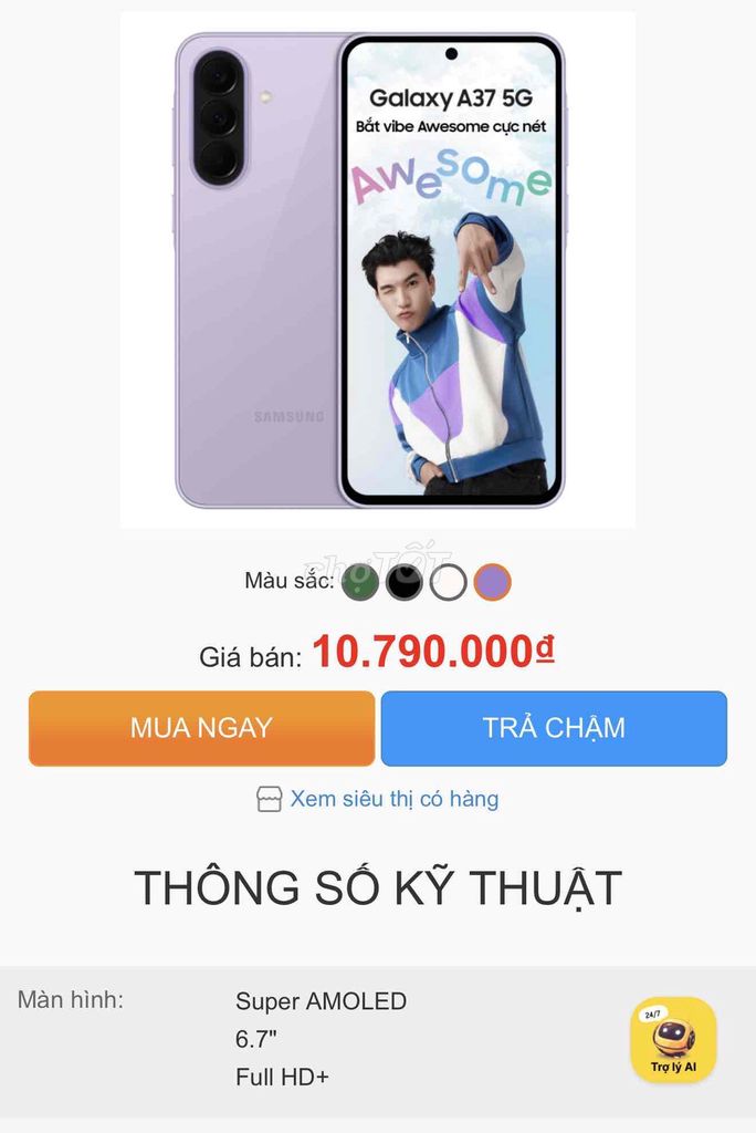 Samsung A37 5G 8GB/128GB Tím Mới. Mua bán Điện thoại tại Thành phố Cà Mau Cà Mau được đăng bởi Thanh phong  hình 1