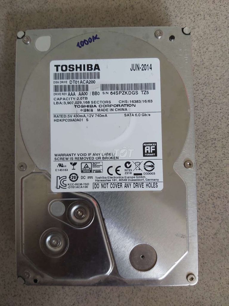 HDD 2T TOSHIBA 100% sức khỏe siêu rẻ