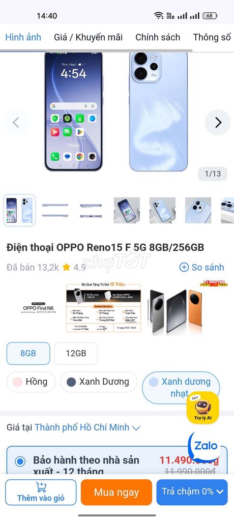 OPPO Reno15 F 5G 256GB Xanh dương. Mua bán Điện thoại tại Huyện Bắc Bình Bình Thuận được đăng bởi phuc hình 1