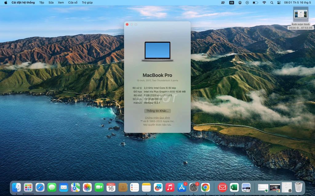Macbook Pro 2017 RAM 8GB Bộ Nhớ 256GB Màn Hình13”
