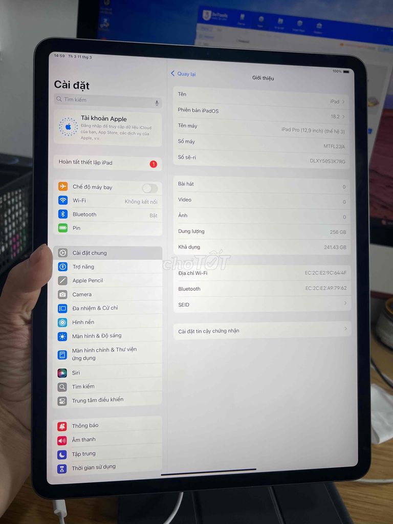 iPad Pro 256G 2018 wifi + sạc zin bốc máy