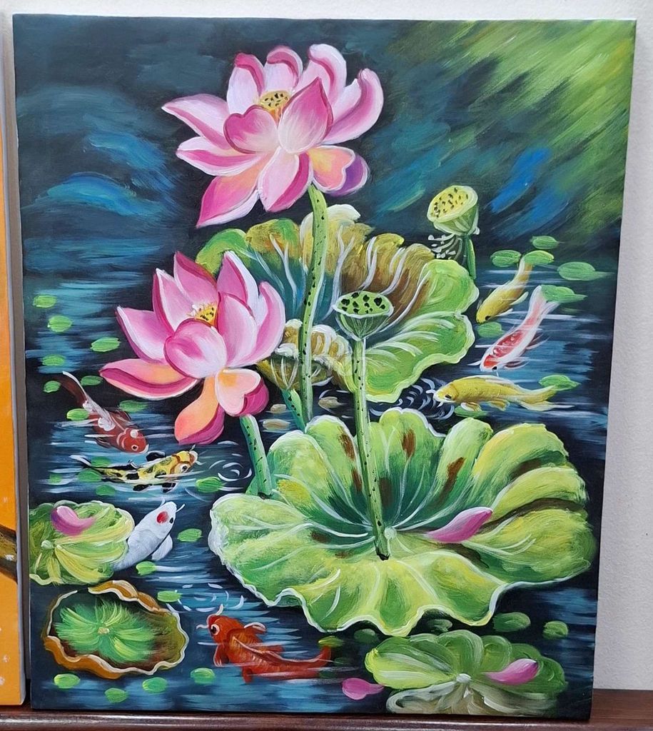 Tranh sơn dầu Hoa sen khổ 50x60. Mua bán Đồ sưu tầm, đồ cổ tại Huyện Gia Lâm Hà Nội được đăng bởi Tranh Sơn Dầu MTGVN hình 1