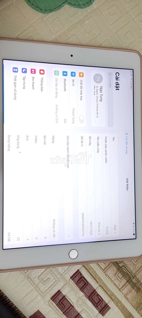 Apple iPad Air 2 64GB Vàng Face ID. Mua bán Máy tính bảng tại Quận Thanh Xuân Hà Nội được đăng bởi Thanh Tùng  hình 1