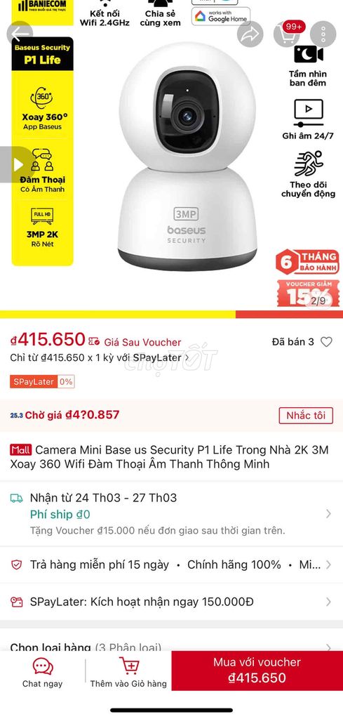 Camera Base Security P1 Life Trong Nhà 2K 3M. Mua bán Máy ảnh, Máy quay tại Huyện Tân Hiệp Kiên Giang được đăng bởi Phạm Lãi hình 1