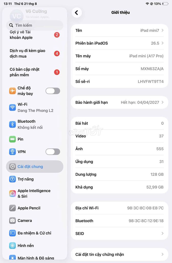 Apple iPad mini 7 Xám 128GB. Mua bán Máy tính bảng tại Quận Tân Bình Tp Hồ Chí Minh được đăng bởi Trang hình 1