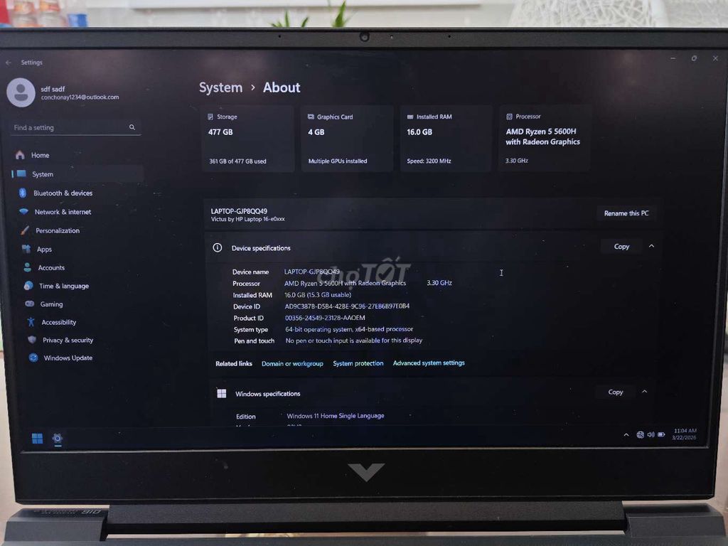 HP Victus 16 Ryzen 5 16GB/477GB. Mua bán Laptop tại Thành phố Bến Tre Bến Tre được đăng bởi Ma Con hình 1