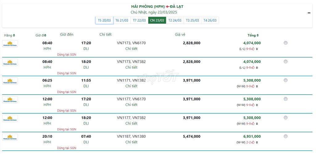 HẢI PHÒNG (HPH) ĐÀ LẠT Chủ Nhật, ngày 23/03/2025