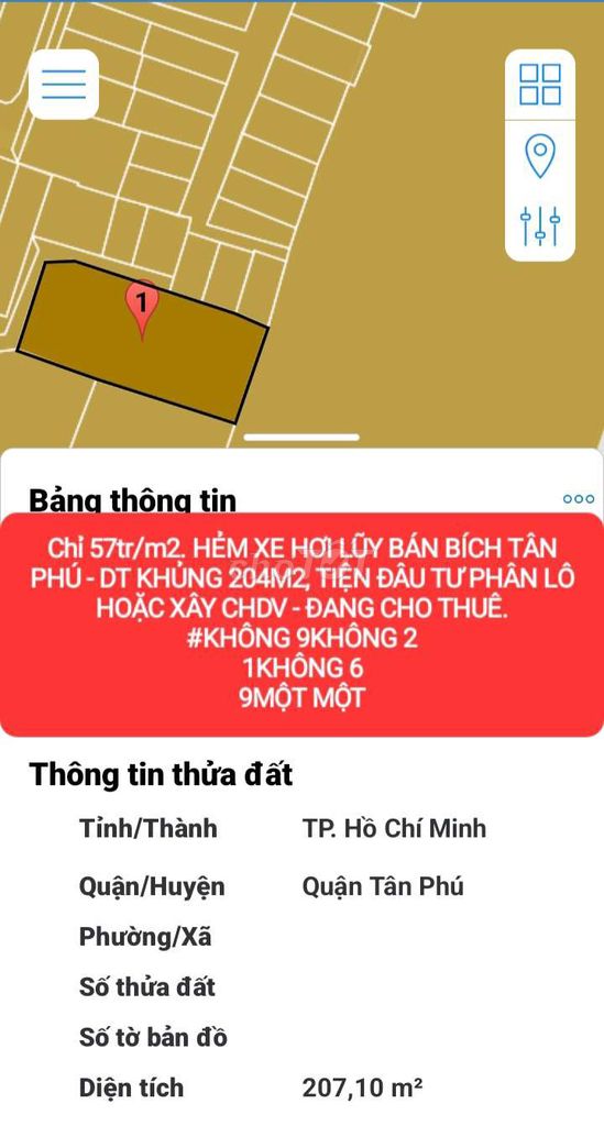 Chỉ 57tr/m2HẺM🚘 LŨY BÁN BÍCH KHỦNG 207M2, TIỆN Đ.TƯ PHÂN LÔ, XÂY CHDV