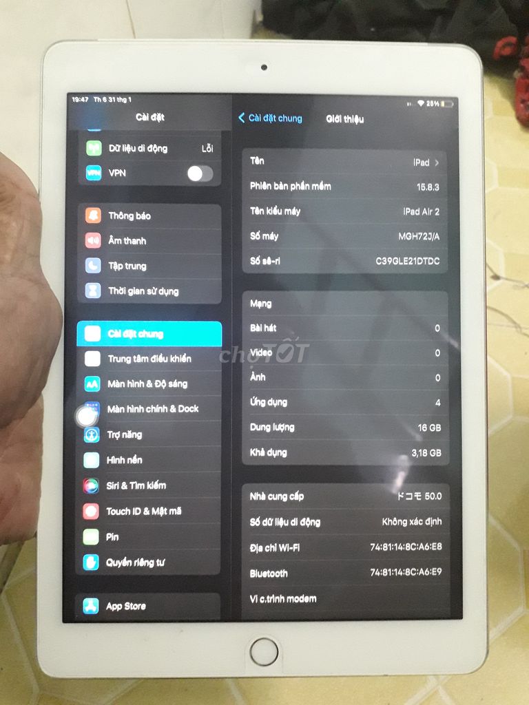 Ipad Air 2 wifi 16GB mới 90% quá hời.1.050.000