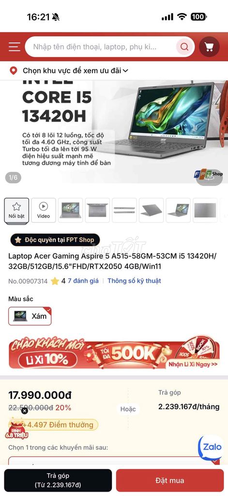 Acer Gaming Aspire 5 A515-58GM-53CM new. Mua bán Laptop tại Quận 1 Tp Hồ Chí Minh được đăng bởi Minh  hình 1