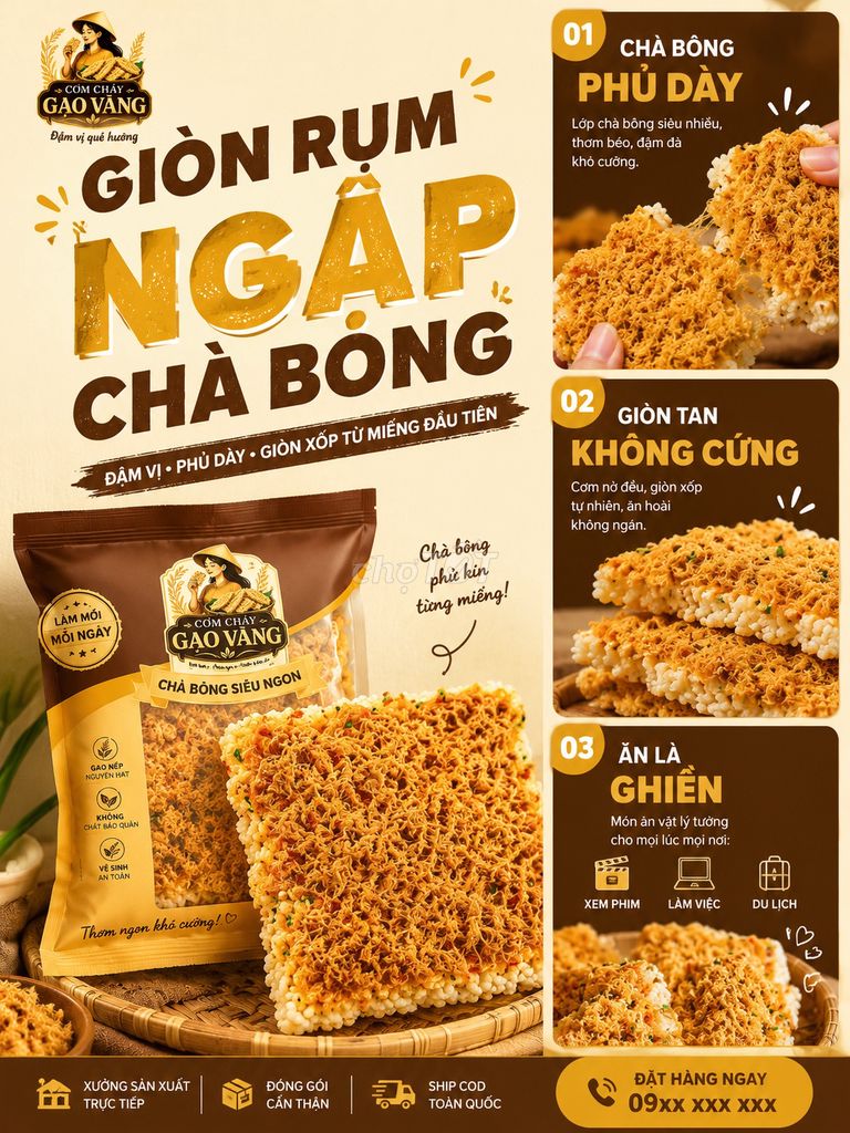 Cơm cháy Gạo Vàng chà bông 500g. Mua bán Đồ ăn, thực phẩm và các loại khác tại Quận Bình Tân Tp Hồ Chí Minh được đăng bởi Gạo Vàng Foods hình 1