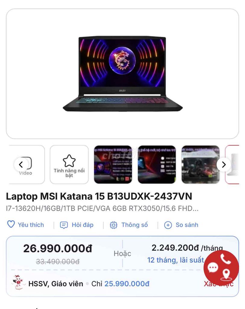MSI Katana 15 i7-13620H 16GB/1TB RTX3050 15.6 inch. Mua bán Laptop tại Huyện Cát Hải Hải Phòng được đăng bởi Nguyễn  hình 1