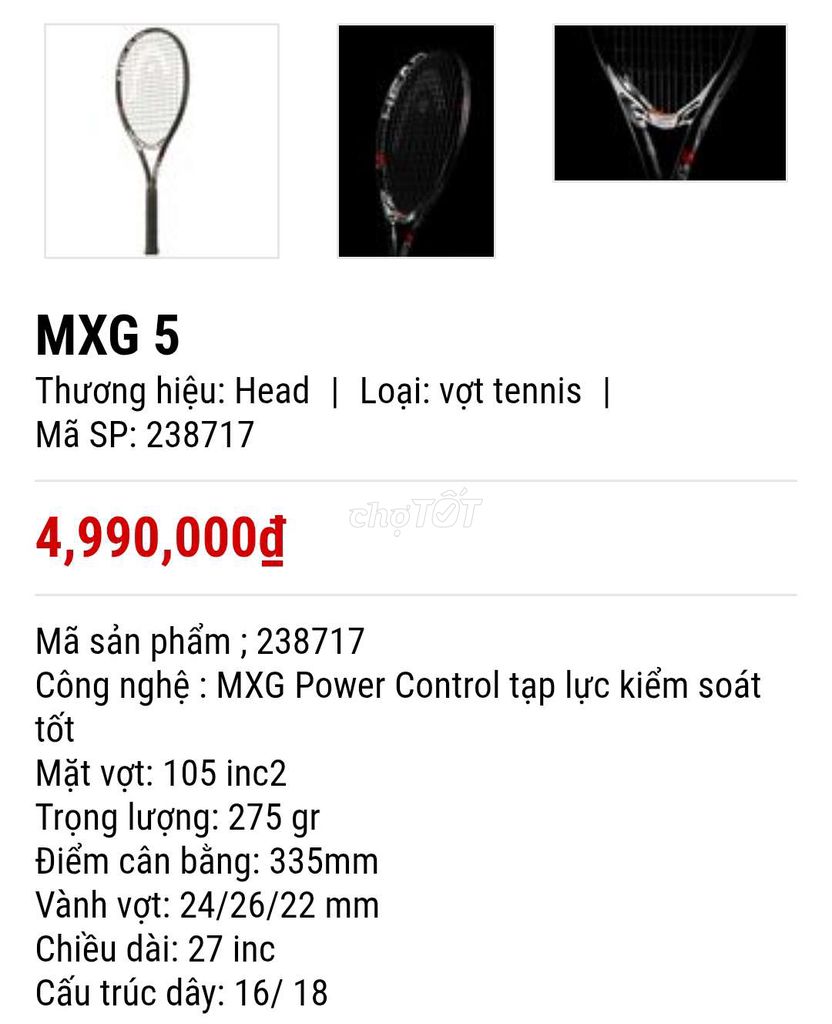 Vợt tennis Head MXG5 chưadùng cũ 275g mặt 105 inch